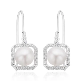 Sterling Silver 7-7.5 mm Pearl Cubic Zirconia Drop Earrings