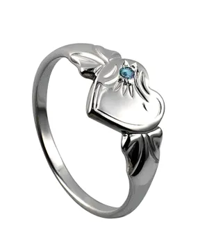 Sterling Silver 925 March Birthstone Heart Signet Ring  Aquamarine CZ