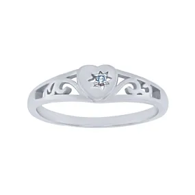 Sterling Silver Heart Signet Ring with Aquamarine