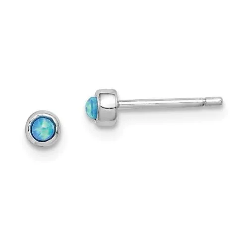 Sterling Silver Round Blue Opal Bezel Set Post Stud Earrings