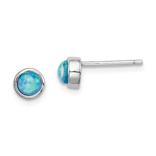 Sterling Silver Round Blue Opal Bezel Set Post Stud Earrings