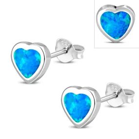 Synthetic Blue Opal Heart Silver Stud Earrings