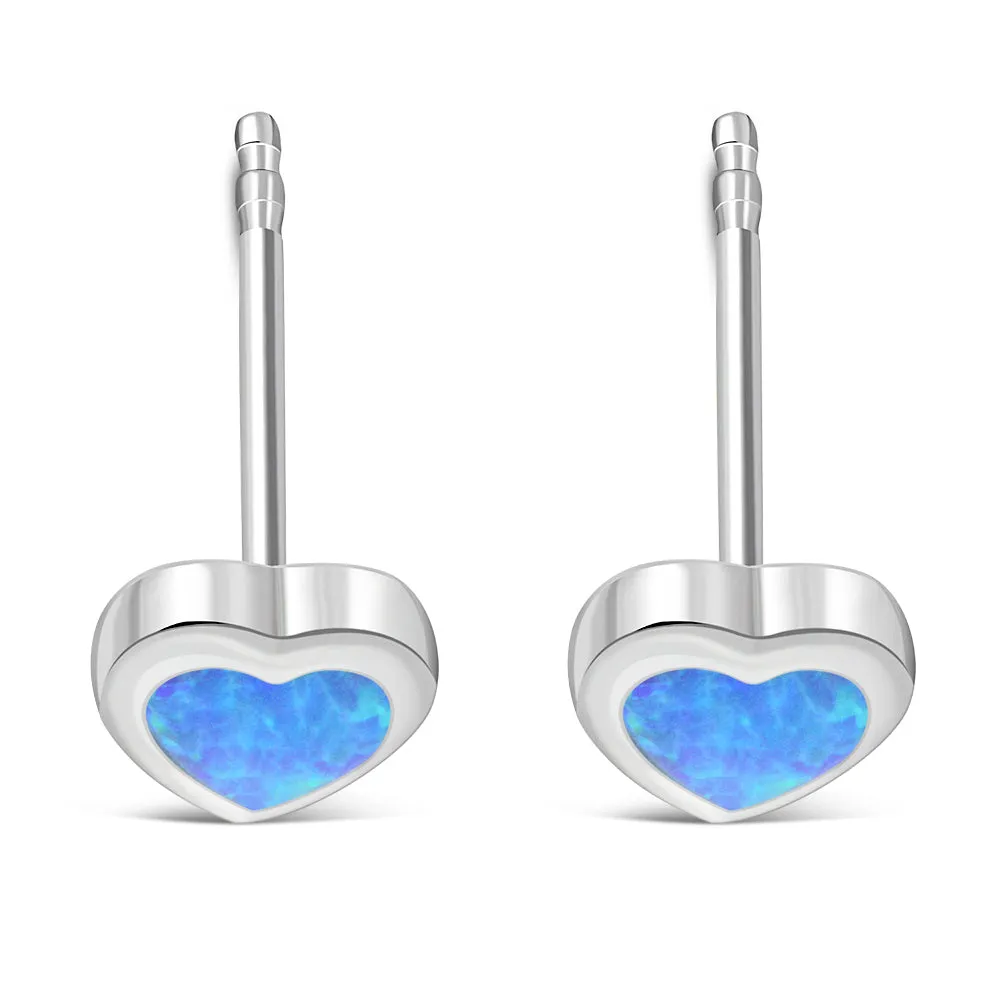 Synthetic Blue Opal Heart Silver Stud Earrings