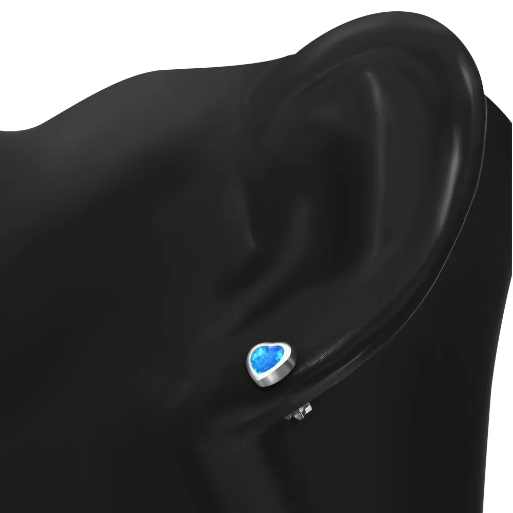 Synthetic Blue Opal Heart Silver Stud Earrings