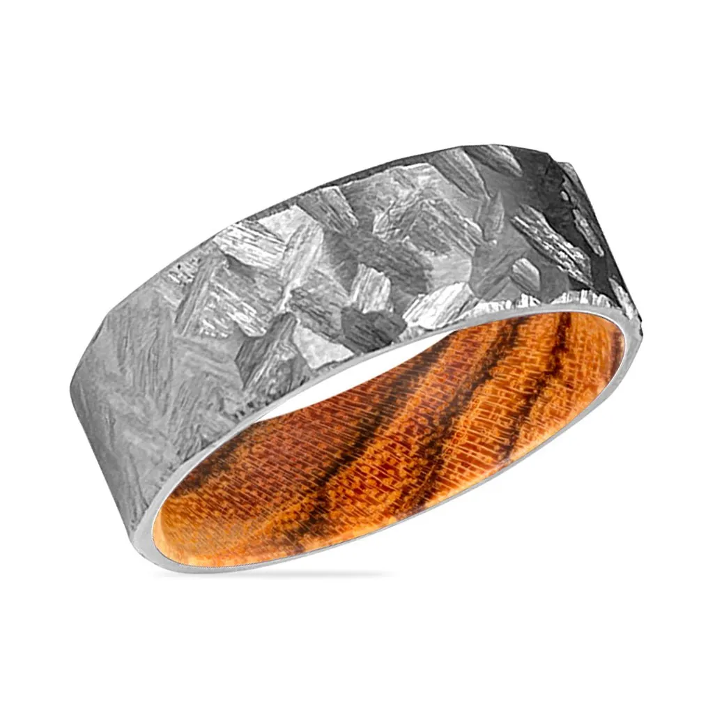 TANNER | Bocote Wood, Silver Titanium Ring, Hammered, Flat