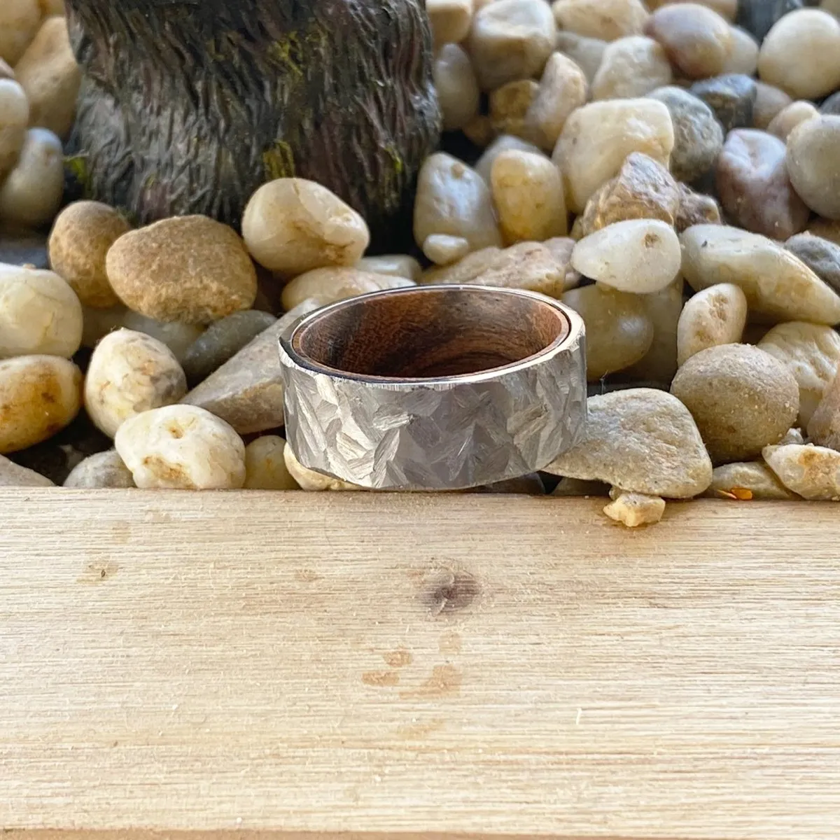 TANNER | Bocote Wood, Silver Titanium Ring, Hammered, Flat