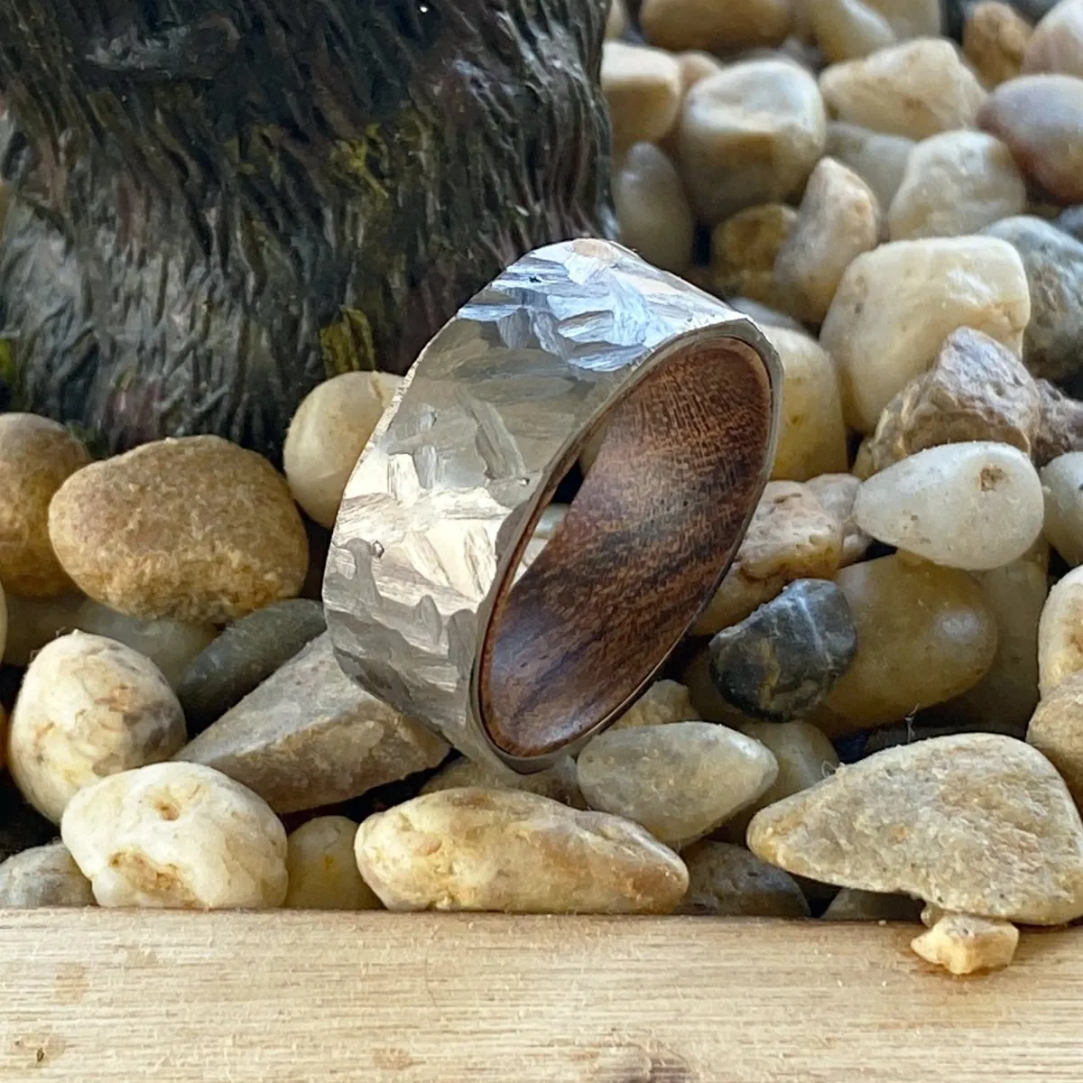 TANNER | Bocote Wood, Silver Titanium Ring, Hammered, Flat