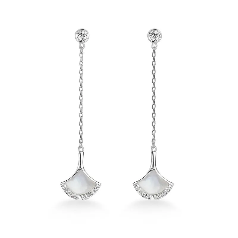 Tassel Opal Stone Ginkgo Leaf Silver Drop Earrings for Women