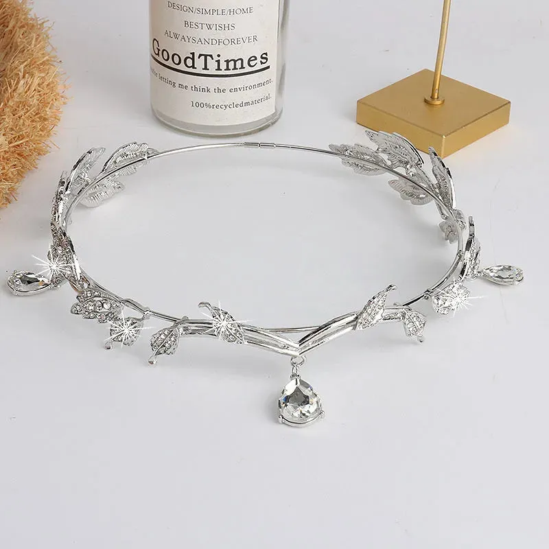 TAVIMART  -  Crown Leaves Waterdrop Tiara Wedding Accessories Ladies Artificial Rhinestone Party Princess Elf Tiara Accessories