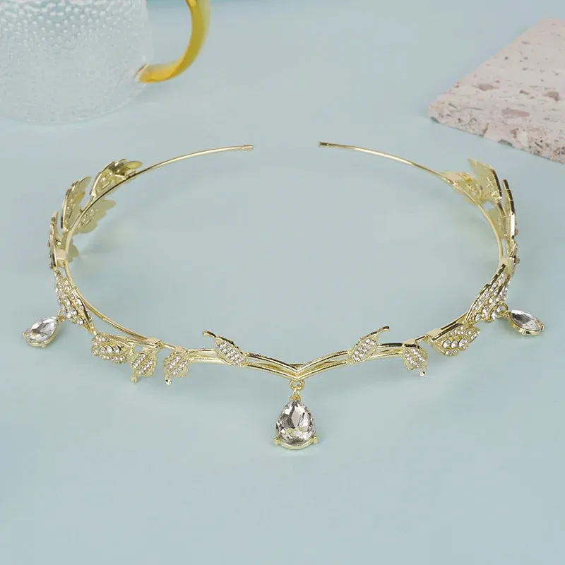 TAVIMART  -  Crown Leaves Waterdrop Tiara Wedding Accessories Ladies Artificial Rhinestone Party Princess Elf Tiara Accessories