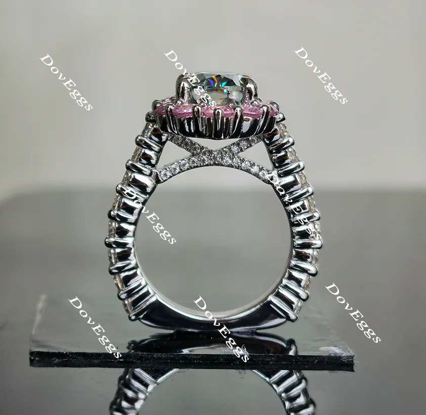 The Julie flower shape halo colored moissanite and birthstone ring