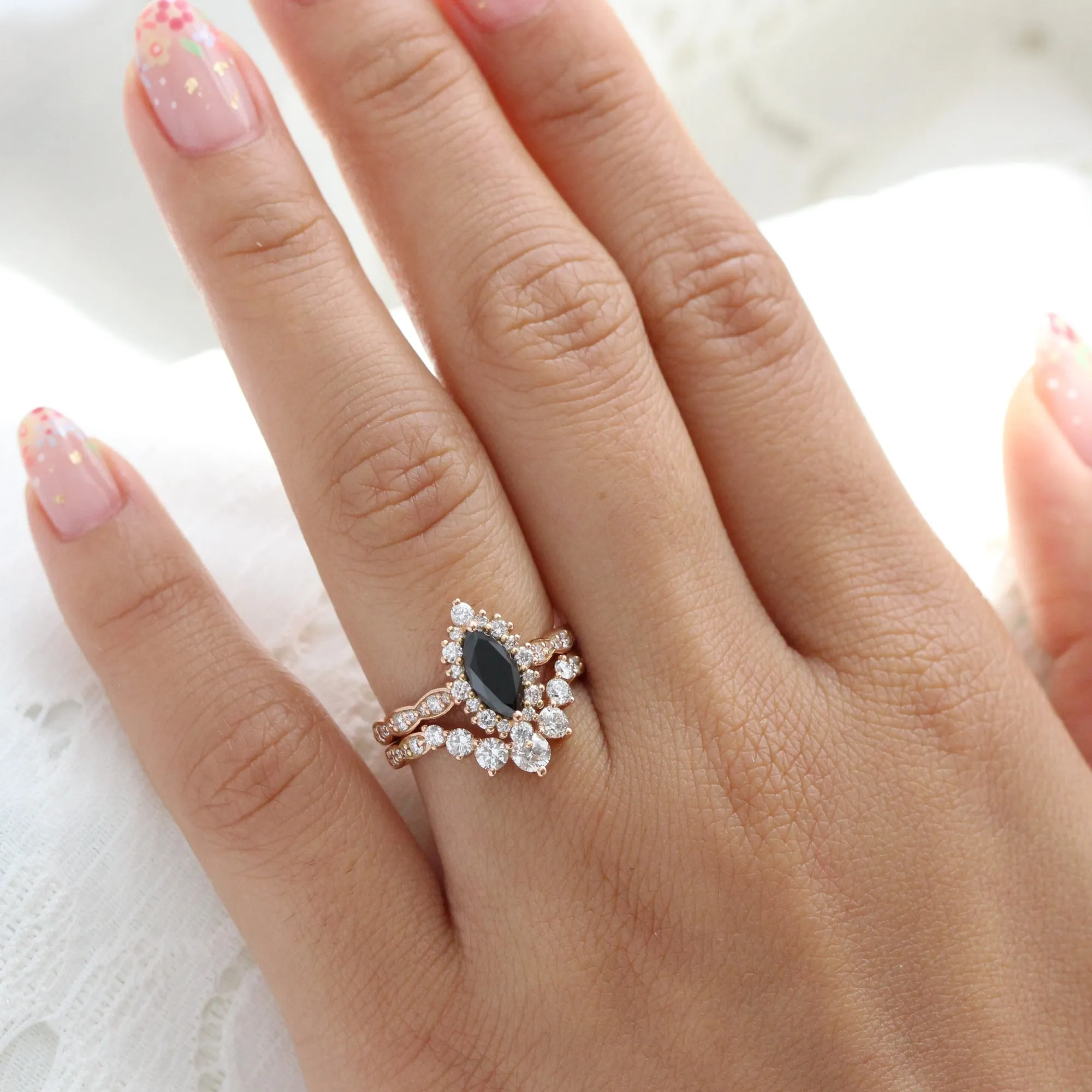 Tiara Halo Marquise Black Diamond Stack w/ Large 7 Diamond Curved Scalloped Band