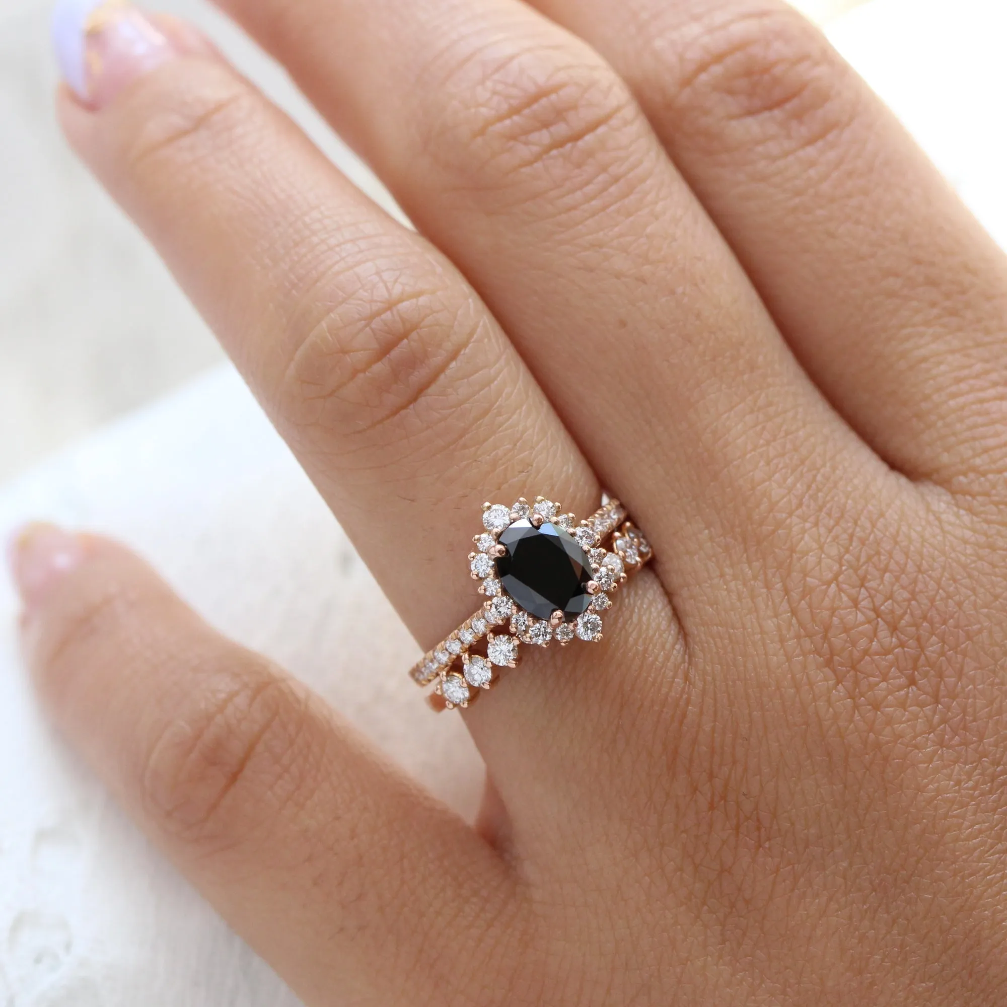Tiara Halo Oval Black Diamond Pave Ring w/ 4 Prong Half Eternity Diamond Band