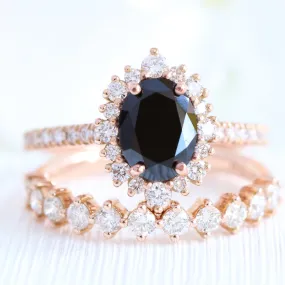 Tiara Halo Oval Black Diamond Pave Ring w/ 4 Prong Half Eternity Diamond Band