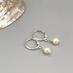 Tiny Pearl Huggie Hoop Earrings, Sterling Silver