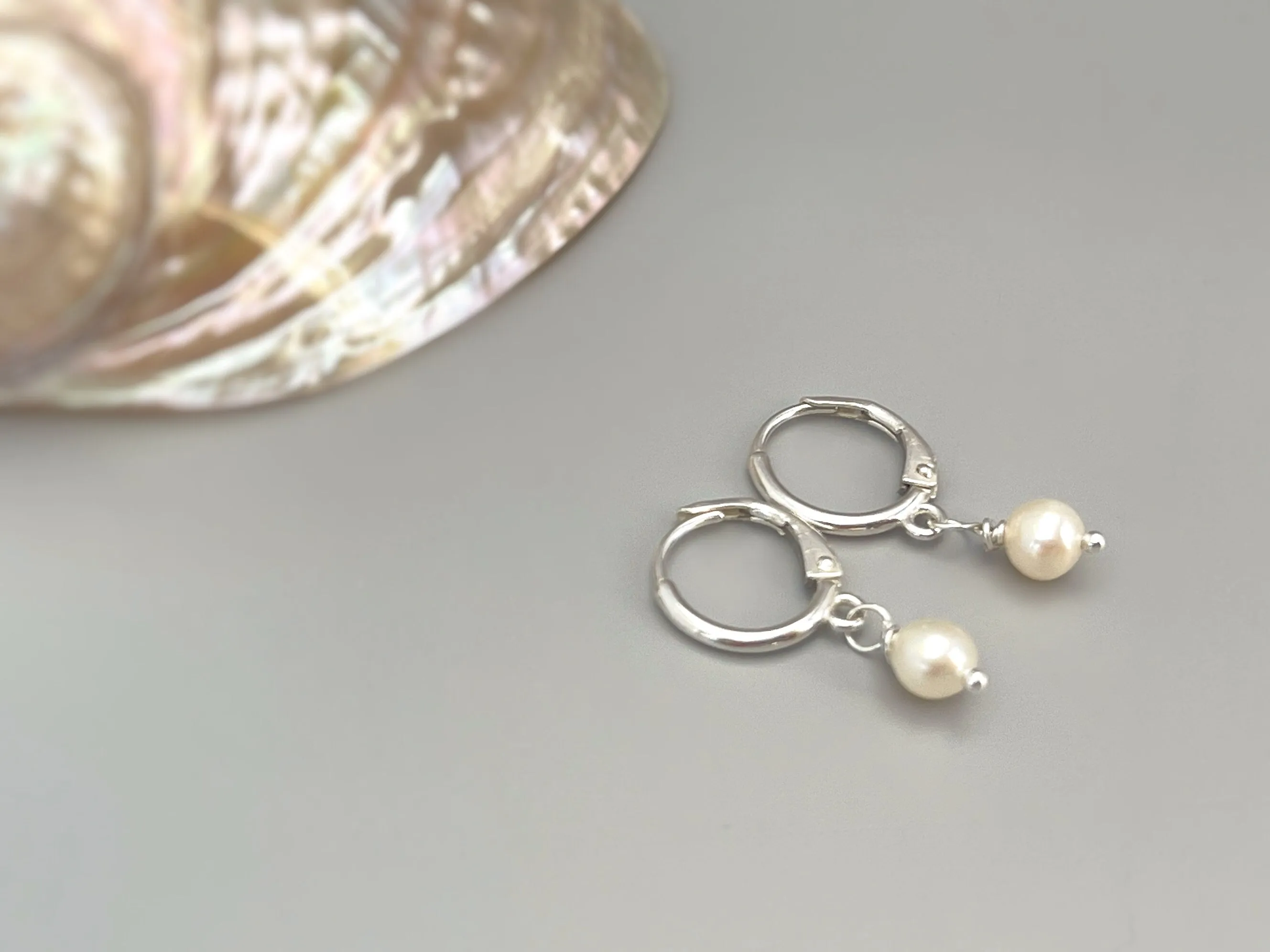Tiny Pearl Huggie Hoop Earrings, Sterling Silver
