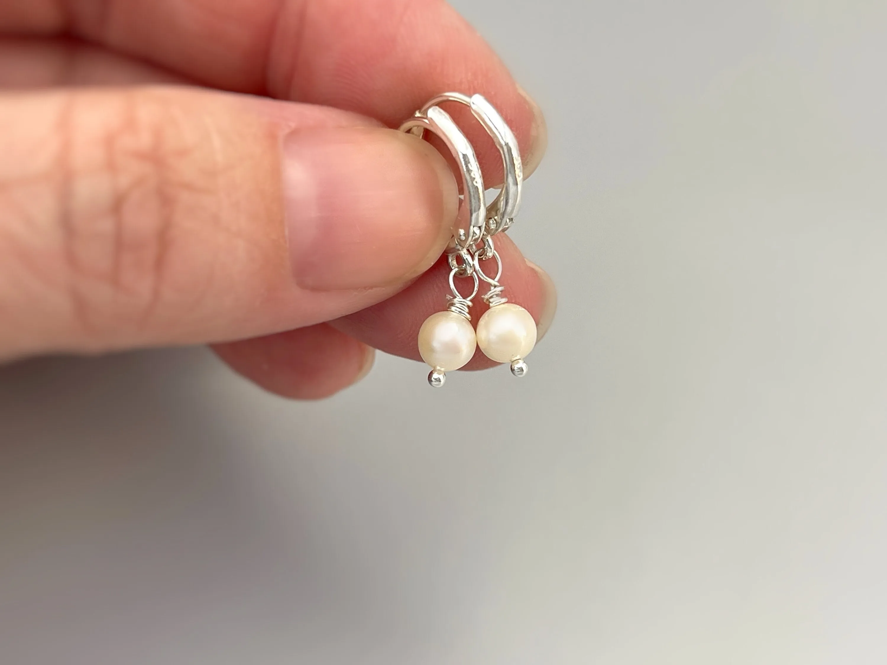 Tiny Pearl Huggie Hoop Earrings, Sterling Silver