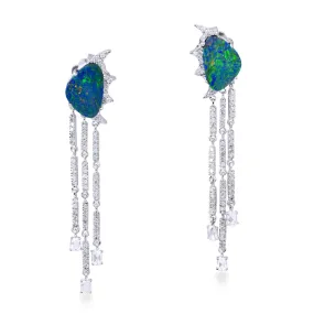Uneven Opal Doublet Chain Chandelier Earrings Prong Uncut Diamond In 18K White Gold