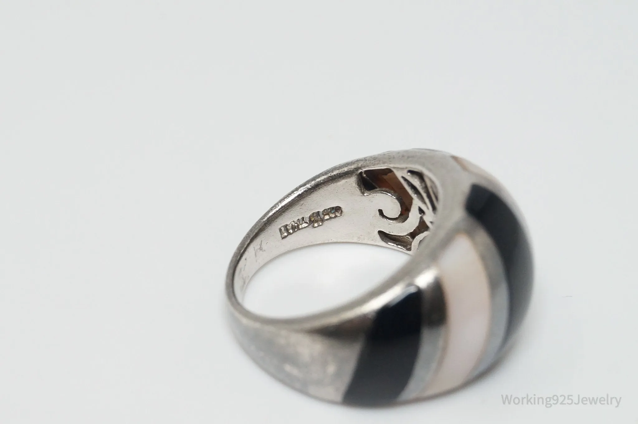 Vintage Mother Of Pearl Black Onyx Art Deco Style Sterling Silver Ring - SZ 5.75