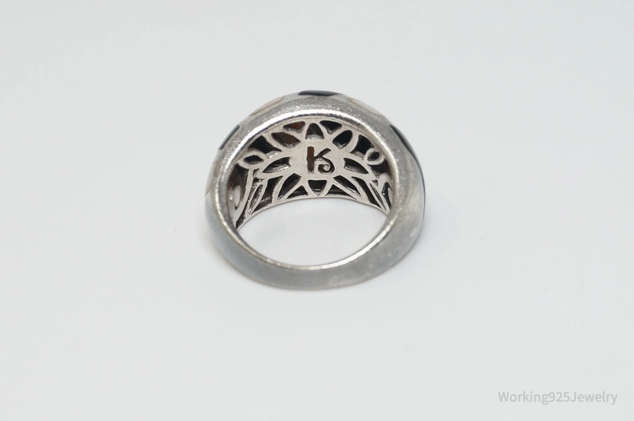 Vintage Mother Of Pearl Black Onyx Art Deco Style Sterling Silver Ring - SZ 5.75