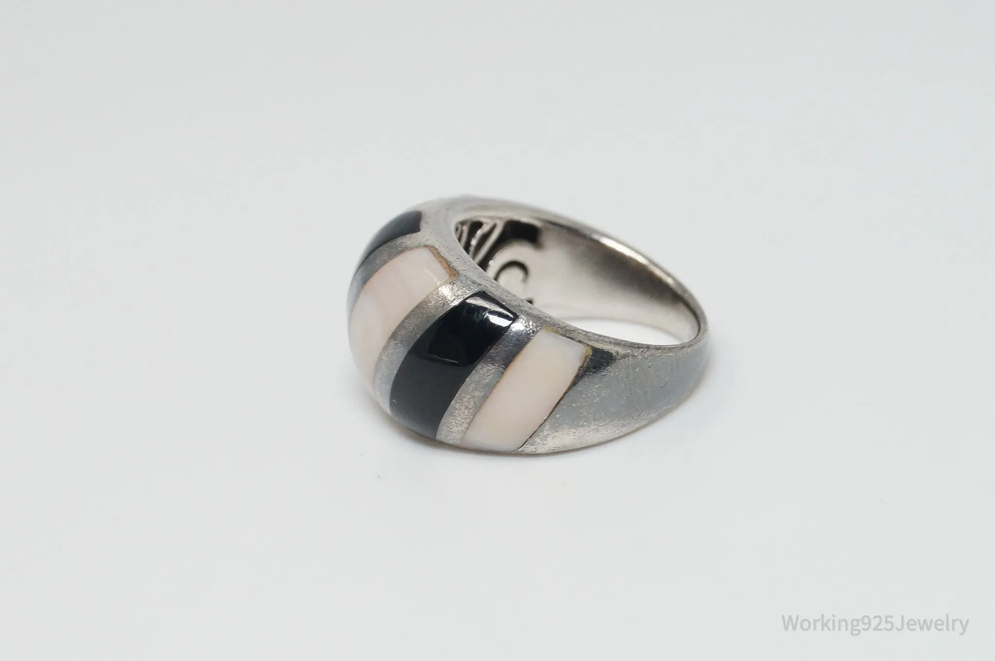Vintage Mother Of Pearl Black Onyx Art Deco Style Sterling Silver Ring - SZ 5.75