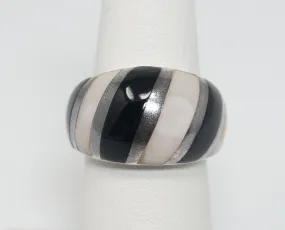 Vintage Mother Of Pearl Black Onyx Art Deco Style Sterling Silver Ring - SZ 5.75