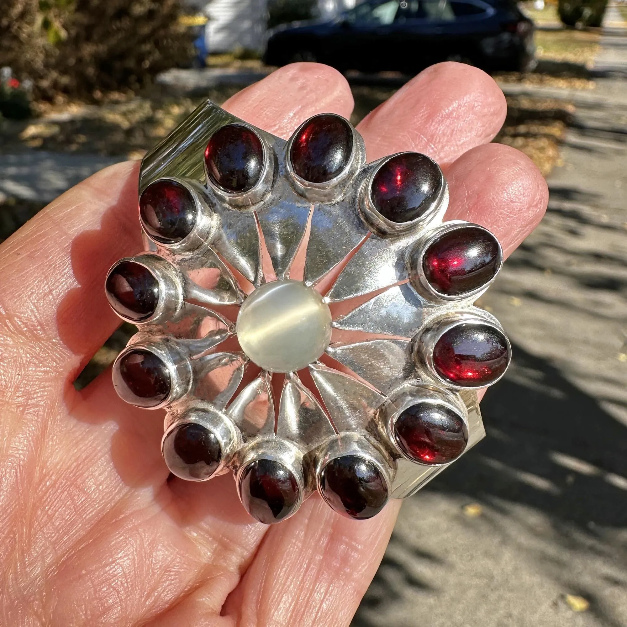 Wide Celestial Starburst Moonstone Garnet Bracelet in Silver