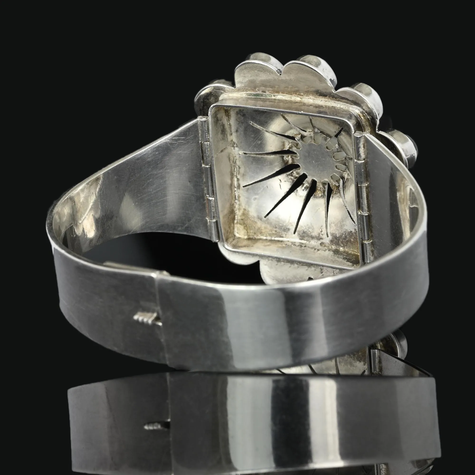 Wide Celestial Starburst Moonstone Garnet Bracelet in Silver