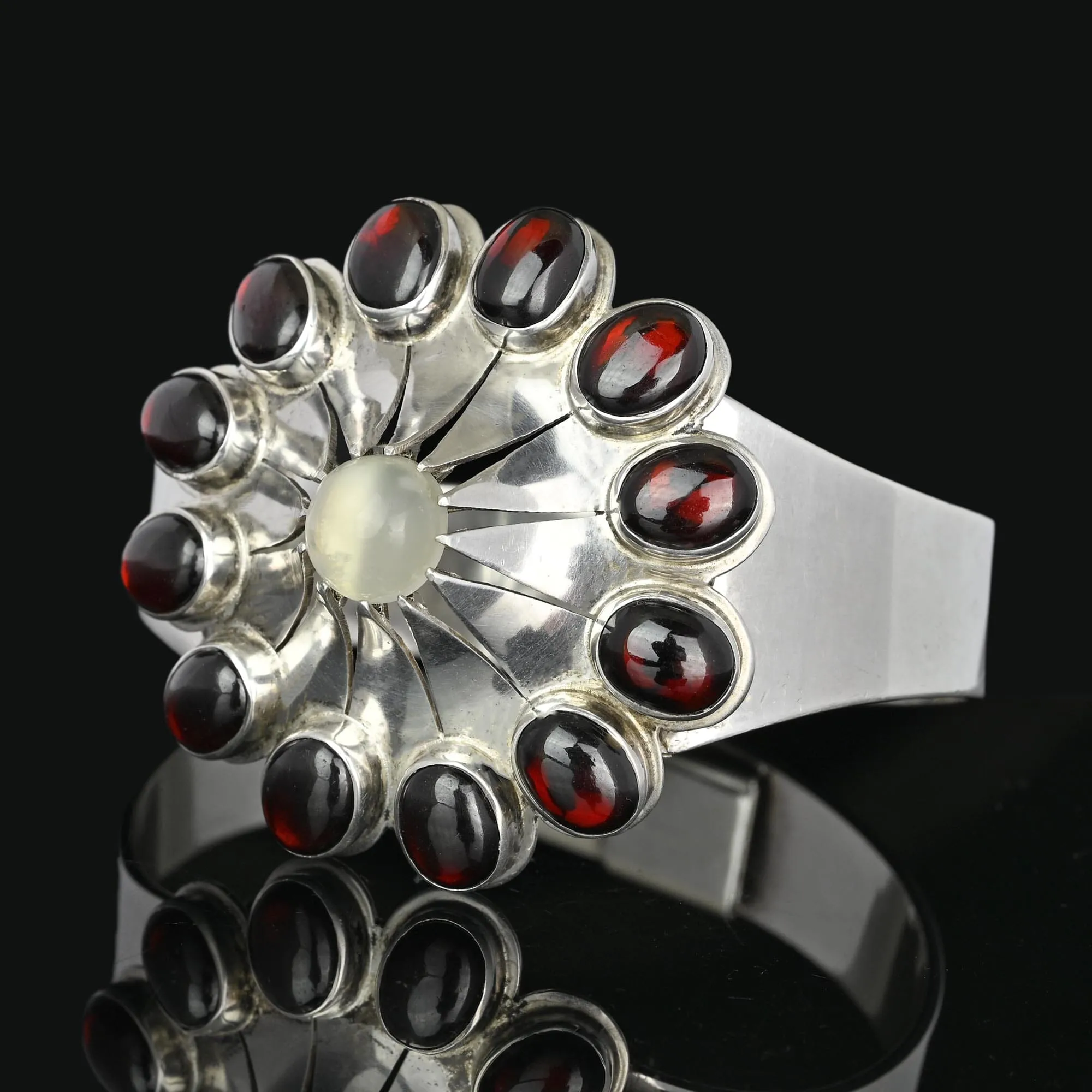 Wide Celestial Starburst Moonstone Garnet Bracelet in Silver