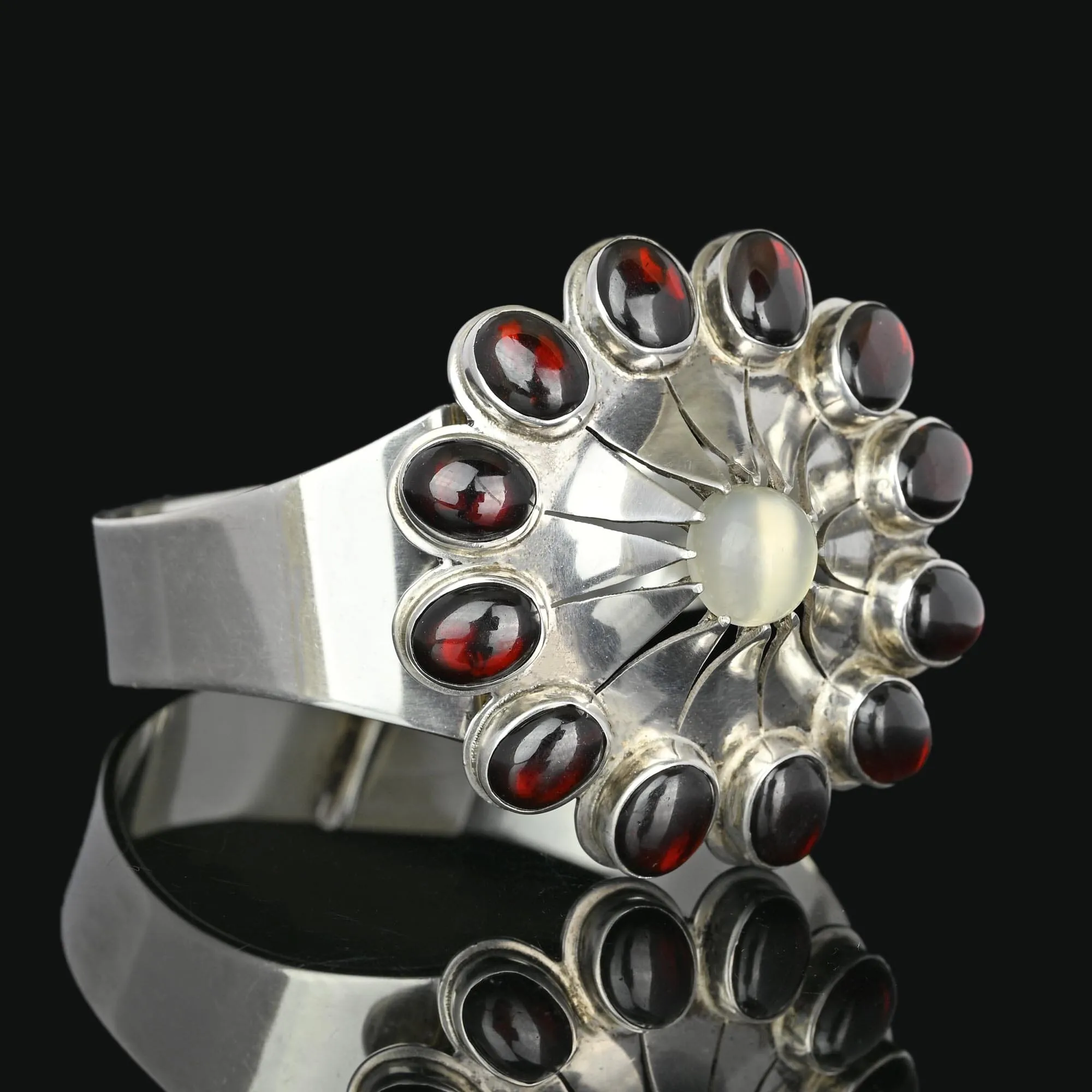 Wide Celestial Starburst Moonstone Garnet Bracelet in Silver