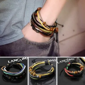 Womens Mens Wrap Multilayer Genuine Leather Rope Bracelet Chain With Charms
