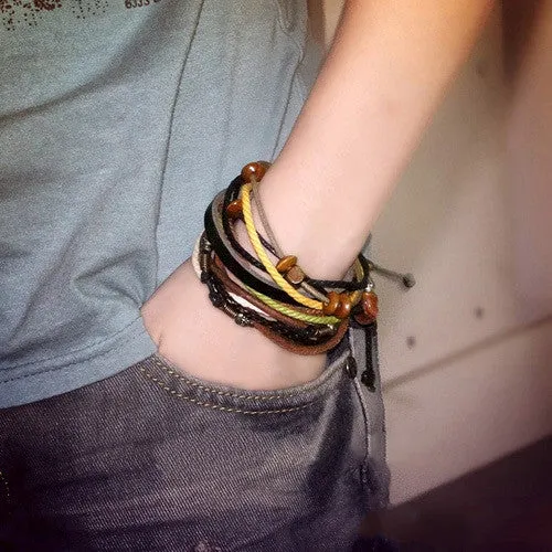 Womens Mens Wrap Multilayer Genuine Leather Rope Bracelet Chain With Charms